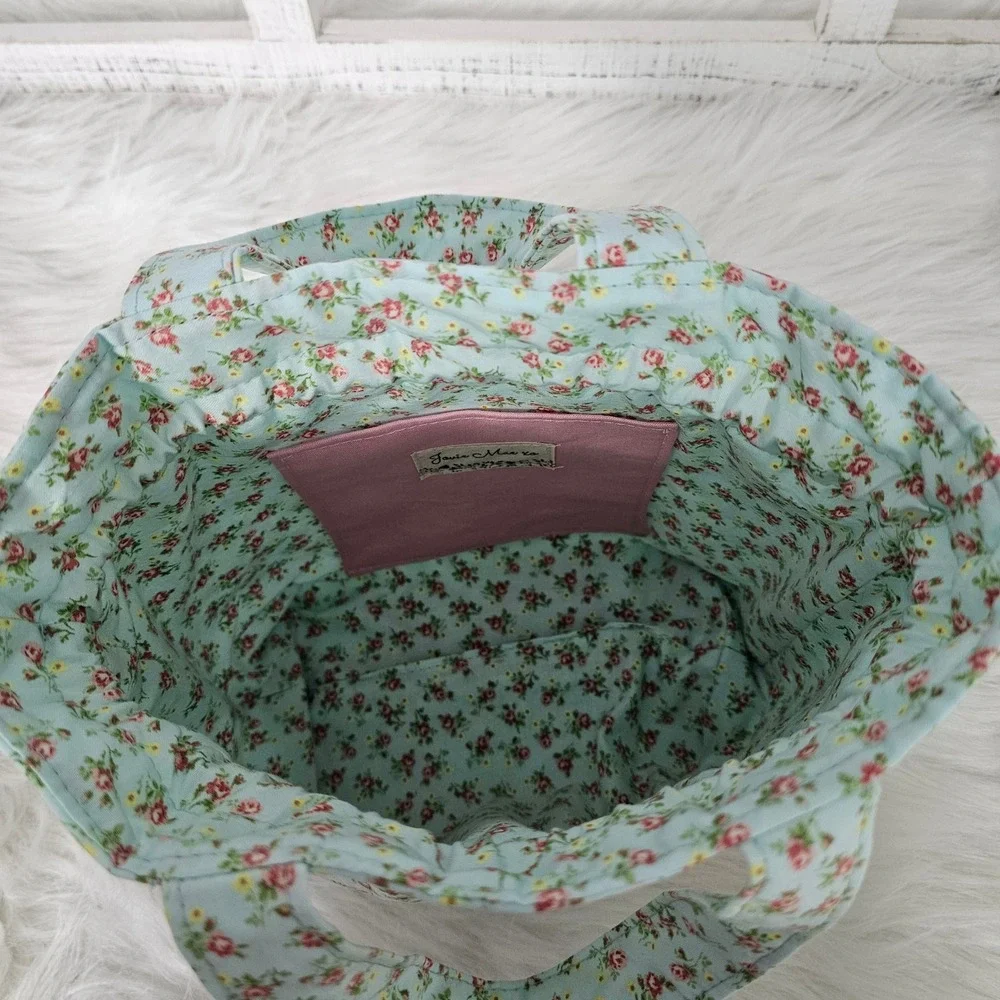 Jovie Mae XO Blush Garden Floral Drawstring Tote Bag Cottagecore Handmade